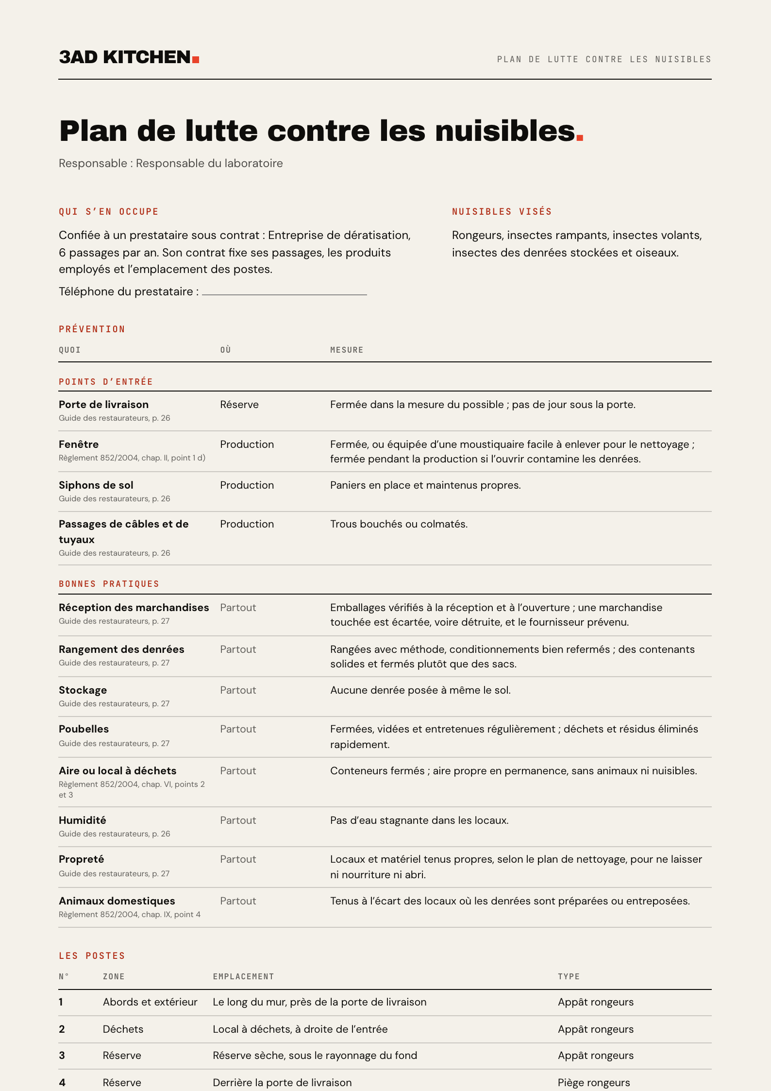 Exemple de plan de lutte contre les nuisibles d’un laboratoire de pâtisserie et traiteur, A4 : le prestataire sous contrat, les nuisibles visés, la prévention point d’entrée par point d’entrée avec la source de chaque mesure, et le début de la liste des postes numérotés